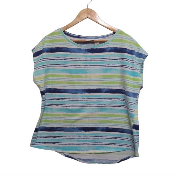 Weekends By Chico's Striped Cap Sleeve Top Size 2(14) Soft Stretchy Green Blues - Picture 1 of 7
